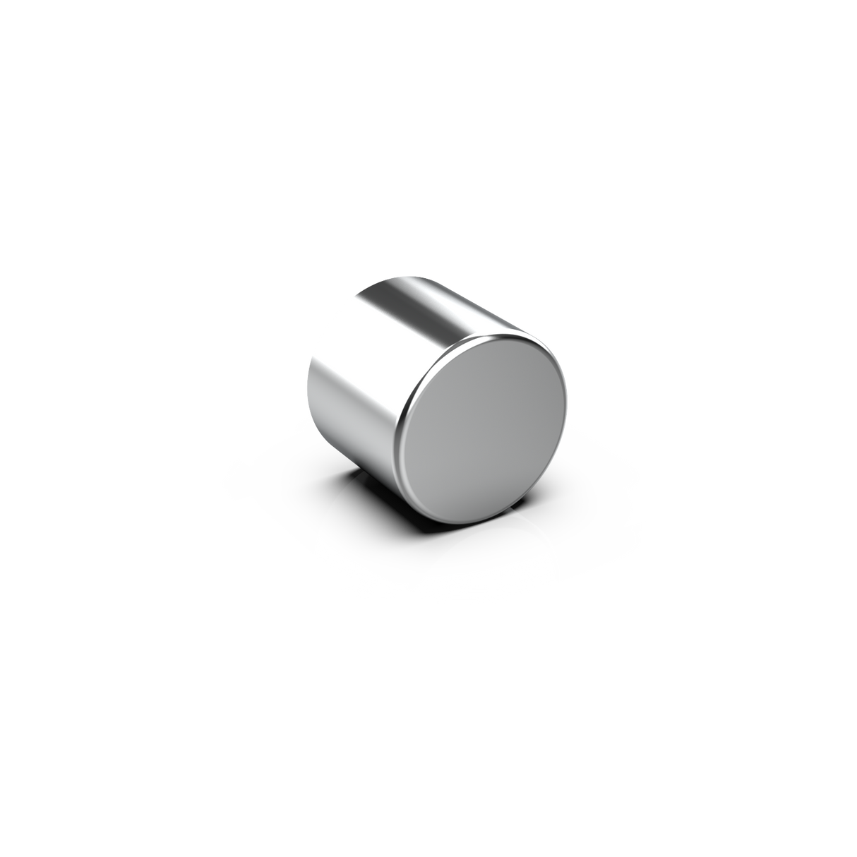A sleek Aluminum End Cover for 1.50 Round Profiles sits on a white surface, its shiny metallic finish and modern design casting a soft reflection and subtle shadow underneath.