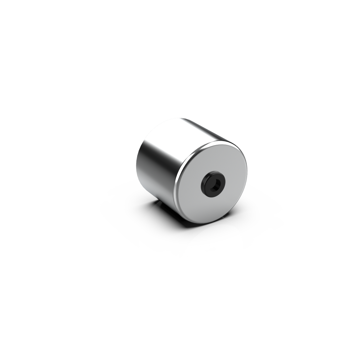 An Aluminum End Cover for 1.50 round profiles with a sleek, modern finish is displayed on a white background, its metallic surface casting a soft reflection and shadow beneath it.