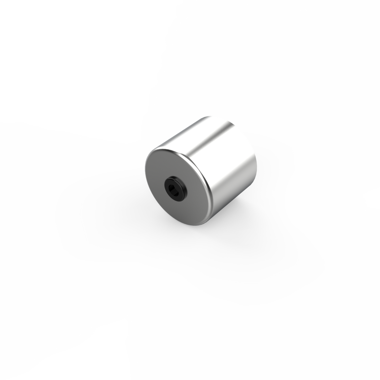 A sleek, small cylindrical metallic object with a central hole on one end, resembling the Aluminum End Cover for 1.50 Round Profiles, is shown on a plain white background.