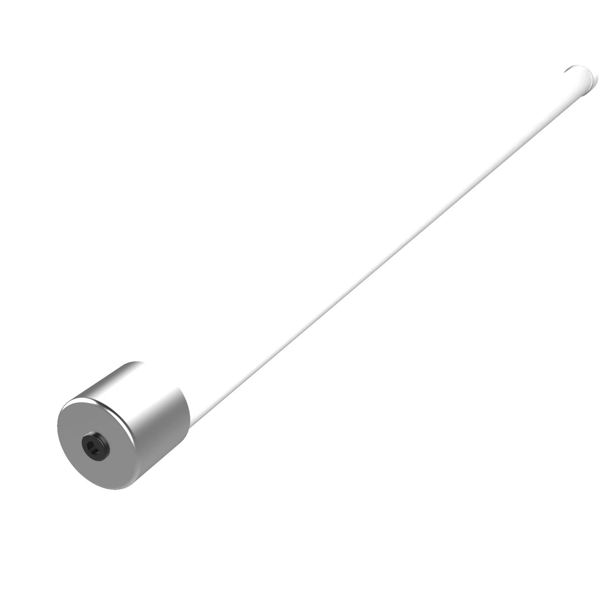 A white rod with an aluminum end cover for 1.50 round profiles is shown at an angle against a plain white background, highlighting its sleek, minimalist design and modern finish.