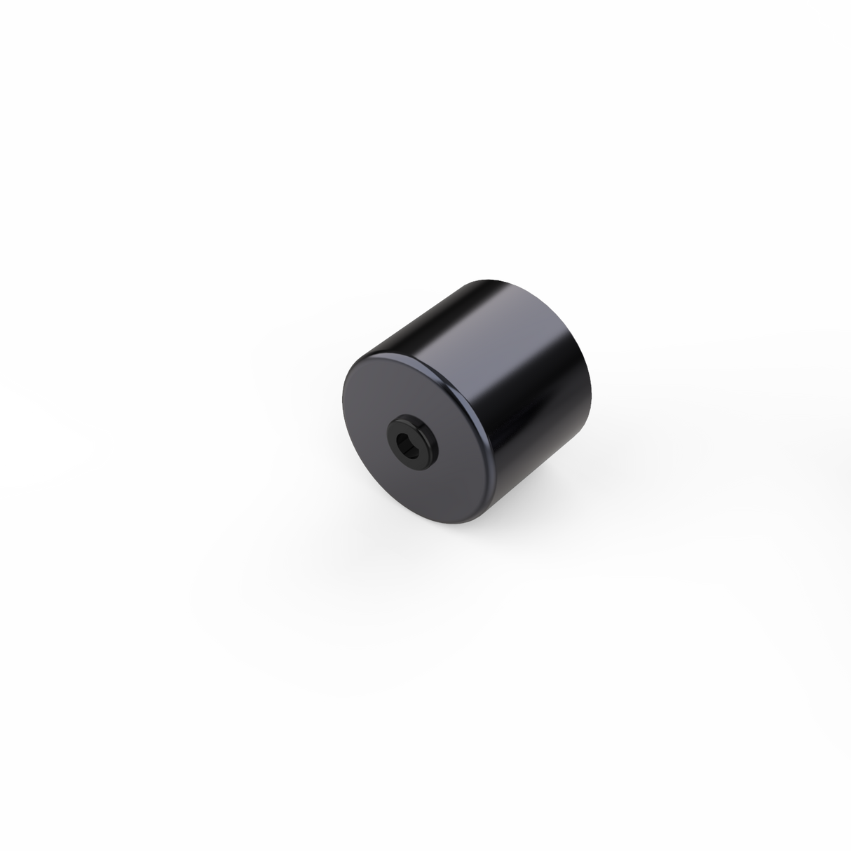 A glossy black aluminum end cover for 1.50 round profiles, featuring a central hole and modern finish, is displayed against a plain white background. It closely resembles an accessory for Smokies38 LED tube installations.