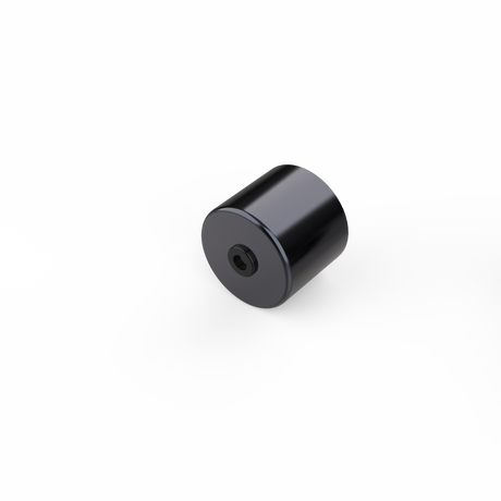 A glossy black aluminum end cover for 1.50 round profiles, featuring a central hole and modern finish, is displayed against a plain white background. It closely resembles an accessory for Smokies38 LED tube installations.