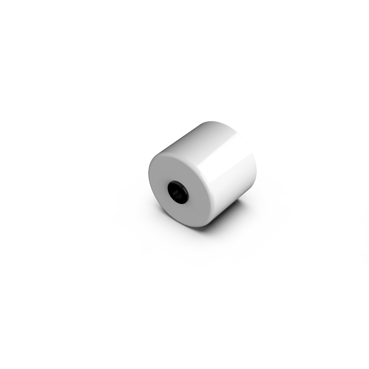 An Aluminum End Cover designed for 1.50 round profiles rests on a white surface, showcasing its sleek, modern finish and minimalist style highlighted by a subtle shadow.