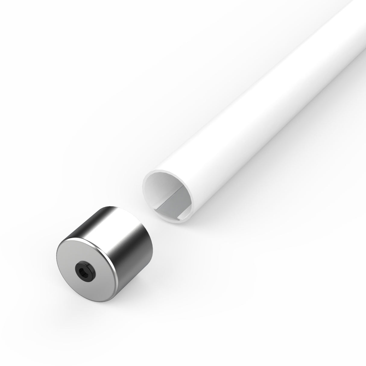 A close-up of an Aluminum End Cover for 1.50 Round Profiles beside a white cylindrical LED tube, both displayed on a white background for a sleek, modern look.