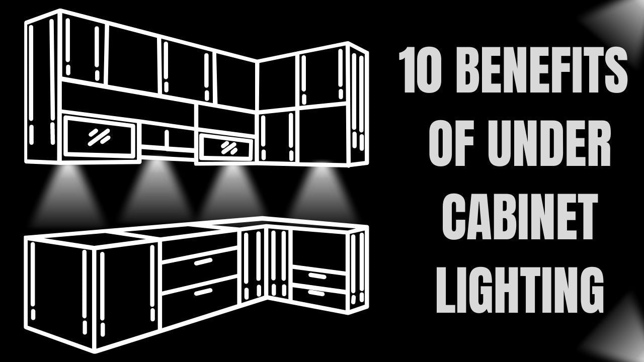 Graphic illustration of kitchen under cabinet lighting with title text ‘10 Benefits of Under Cabinet Lighting’ – Wired4Signs USA