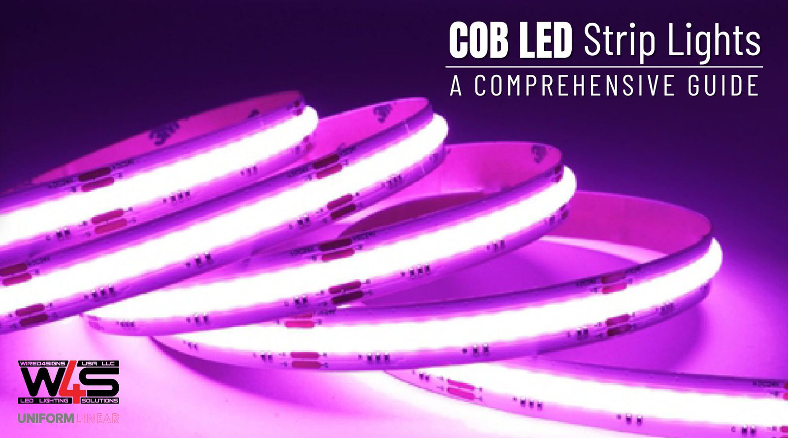RGB LED COB strip on dark background with the blog title
