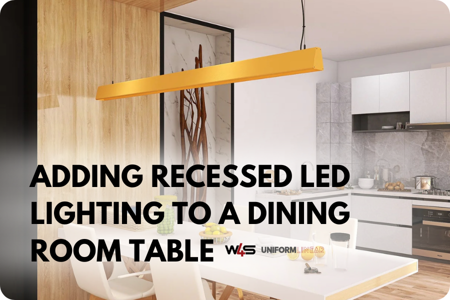 A dining room table near a stylish kitchen with LED lighting.