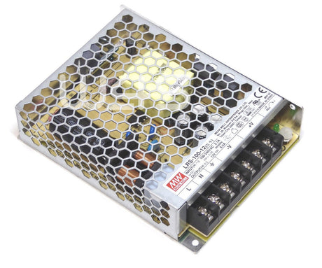 Mean Well enclosed power supply with screw terminal outputs and metal mesh casing
