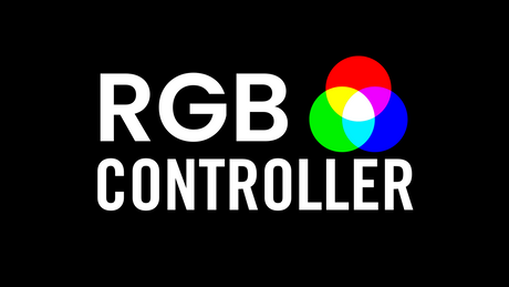 Large white text reads RGB CONTROLLER next to three overlapping circles in red, green, and blue on a black background, showing the RGB color model.