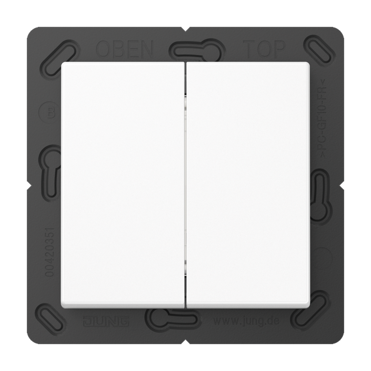 The Casambi 4-Channel Wireless Radio Transmitter (Model Jung BLE A 595) features two white rectangular rocker switches on a black frame labeled OBEN, TOP, and JUNG, and offers secure communication for enhanced safety.