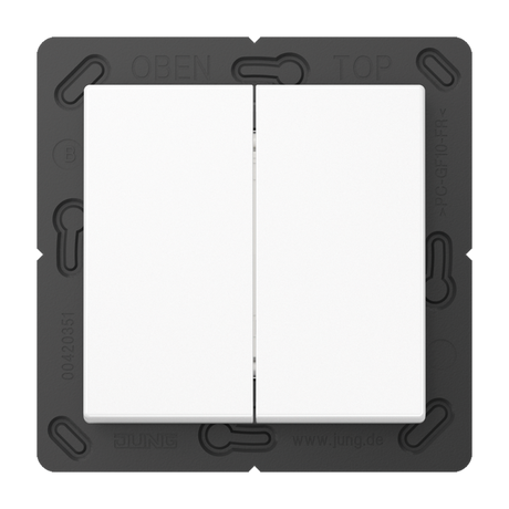 The Casambi 4-Channel Wireless Radio Transmitter (Model Jung BLE A 595) features two white rectangular rocker switches on a black frame labeled OBEN, TOP, and JUNG, and offers secure communication for enhanced safety.