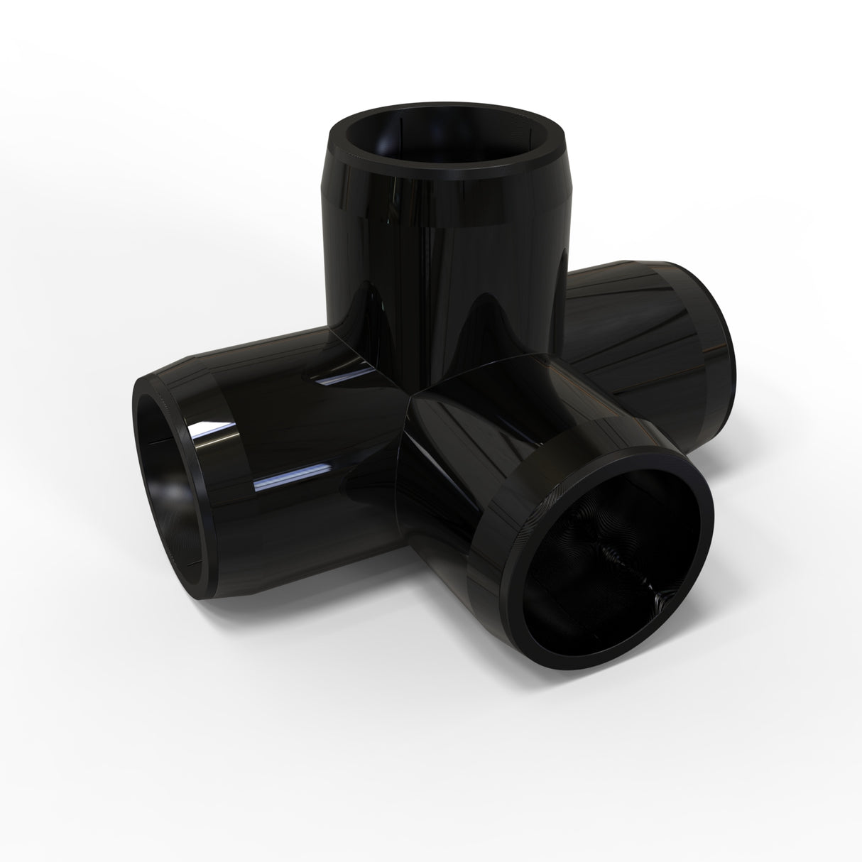 A Structural PVC Joiner for Sierra38 Round Profiles with four cylindrical openings in a cross shape, made of shiny black plastic, ideal for assembling diffuser tubes or custom lighting, displayed on a white background.