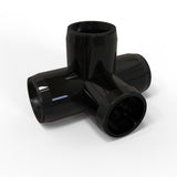 A Structural PVC Joiner for Sierra38 Round Profiles with four cylindrical openings in a cross shape, made of shiny black plastic, ideal for assembling diffuser tubes or custom lighting, displayed on a white background.