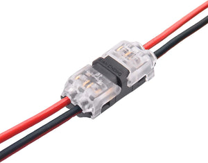 The 2-Pin Solderless Wire Splice Connector ~ Pelican Series securely joins black and red wires with a clear, tool-free design; perfect for easy, visible connections like LED strip installations.