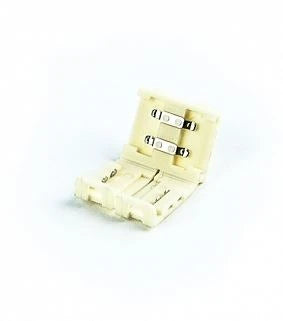 The 2-Pin Solderless White LED Strip Clip Connector (10mm) ~ Neonica Series is a compact, beige plastic connector featuring hinged ends and metal clips for effortless installation of 10mm LED strip lights. Shown open against a white background, this connector allows easy solder-free connection.