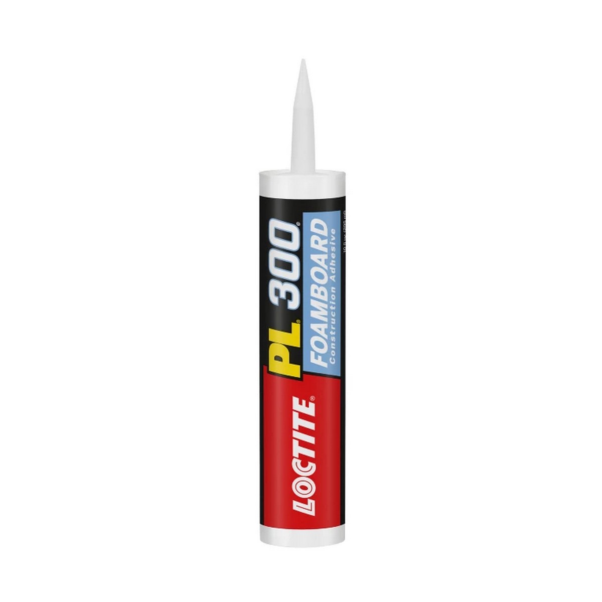 A tube of Loctite PL300 Foamboard Construction Adhesive with a pointed nozzle and multicolored labeling—perfect for securing foamboard as an insulation adhesive.