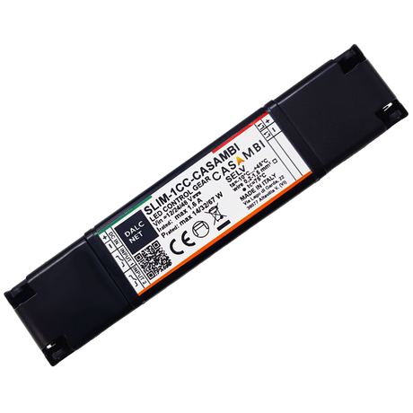 A black rectangular Slimline 1-Channel Constant Current LED Dimmer with Casambi (Model SLIM-1CC-CASAMBI) features a central white label displaying product details, technical specs, barcodes, and certification symbols.