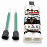 2-Part MMA Structural Adhesive for LSE Plastics ~ PE-Bond Kayak500 (50ml 1:1 / B-System) comes in a polyethylene adhesive bottle with two green mixing nozzles, specifically designed for kayak repair and bonding HDPE and similar low surface energy plastics; the label displays a kayak image along with detailed usage instructions.