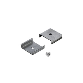 Two Mounting Clip U3 brackets, small and rectangular in shape, are designed for extruded aluminum installations as mounting clips. Each bracket features a central hole and a single adjacent screw, displayed on a white background. Perfect for Pixy20-01 applications.