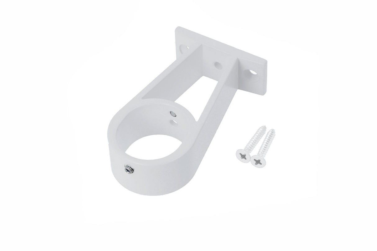 White aluminum wall bracket with circular holder and two screw holes, designed for the Extension Arm for Oval20 Profile. Two silver Phillips screws are shown beside the bracket on a white background.