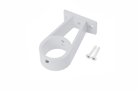 White aluminum wall bracket with circular holder and two screw holes, designed for the Extension Arm for Oval20 Profile. Two silver Phillips screws are shown beside the bracket on a white background.