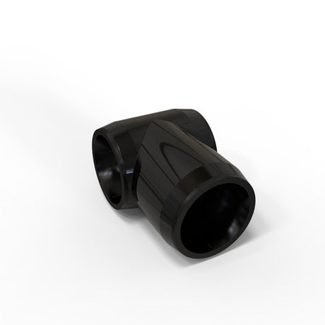 The Structural PVC Joiner for Oslo Tube Profile is a black plastic T-shaped fitting with three openings, ideal for joining diffuser tubes and perfect as a lighting installation accessory. Shown on a white background.