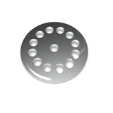 The Aluminum End Cap for Sierra38 Profile is a round, metallic disk with a smooth surface, central hole, twelve evenly spaced edge holes, and a notched section on one side.
