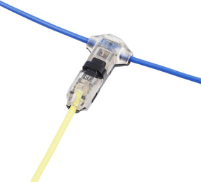 A close-up of a 1-Pin T-Tap Solderless Wire Splice Connector ~ Pelican Series joining a blue and a yellow wire at a T-junction.