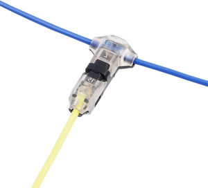 A close-up of a 1-Pin T-Tap Solderless Wire Splice Connector ~ Pelican Series joining a blue and a yellow wire at a T-junction.