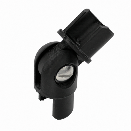 A close-up of a black plastic hinge for the Oslo Mini Profile with a cylindrical body and angled connector, isolated on a white background.