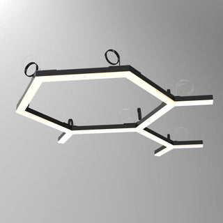 The PL55FL Modular LED Light Fixture System features a modern hexagonal design with black framing and integrated white LED panels, suspended by wires against a plain gray background.
