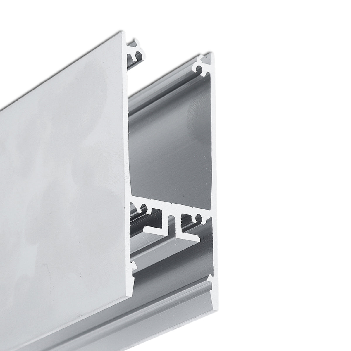 Close-up of the 1″ Suspended/Surface Mount LED Channel ~ Model Pixy20-02, an aluminum extrusion profile featuring multiple grooves and channels, commonly used in construction, framing, architectural lighting, or industrial applications, shown against a white background.