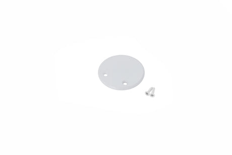 The Extension Arm End Cap for Oval20 Profile is a small, round, white plastic disc with two holes, shown beside two silver screws on a plain white background.