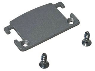 The End Cap for TL-041 Profile is a small, flat, rectangular metallic plate with two screw holes and protruding tabs, shown on a white background with two metal screws placed in front.