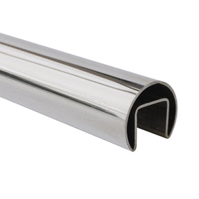 The Round Stainless Steel LED Handrail Profile ~ Model Comenza features a polished U-shaped channel with an open bottom, shown at an angle against a white background—perfect for LED illuminated or lighted handrail systems.