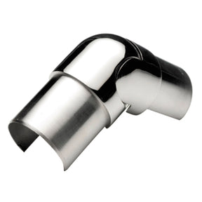 Adjustable Connector for Comenza Profile: a shiny stainless steel elbow with open ends and curved angle, designed to join two cylindrical pipes together.