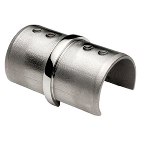 The Straight Joint for Comenza Profile is a stainless steel cylindrical pipe clamp with a smooth, shiny central band and four small holes on each side, shown against a white background.