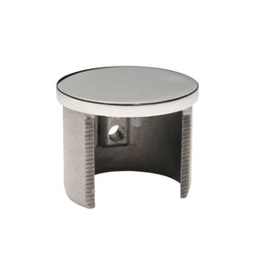 The End Cap for Comenza Profile is a round stainless steel cap with an open bottom and side screw hole, designed to fit onto the end of a cylindrical tube, railing, or LED handrail profile.