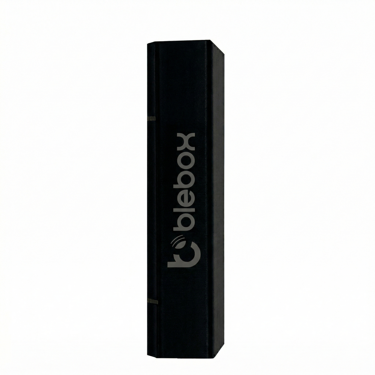 A black rectangular box stands upright with "openSensor by Blebox" printed vertically in large silver letters. Perfect for showcasing the Miniature Wi-Fi Smart Open/Close Sensor for smart home automation. Plain white background.