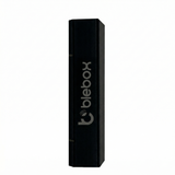 A black rectangular box stands upright with "openSensor by Blebox" printed vertically in large silver letters. Perfect for showcasing the Miniature Wi-Fi Smart Open/Close Sensor for smart home automation. Plain white background.