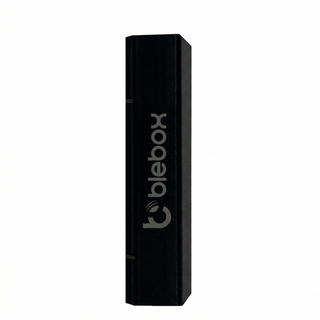 A black rectangular box stands upright with "openSensor by Blebox" printed vertically in large silver letters. Perfect for showcasing the Miniature Wi-Fi Smart Open/Close Sensor for smart home automation. Plain white background.