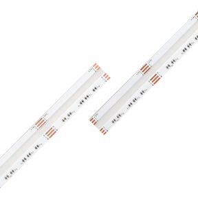 Two RGB+CCT COB IP20 High CRI LED strips (EnoLED UniColor Series, 24V) with visible copper connectors are diagonally aligned against a white background.
