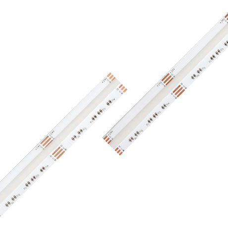 Two RGB+CCT COB IP20 High CRI LED strips (EnoLED UniColor Series, 24V) with visible copper connectors are diagonally aligned against a white background.