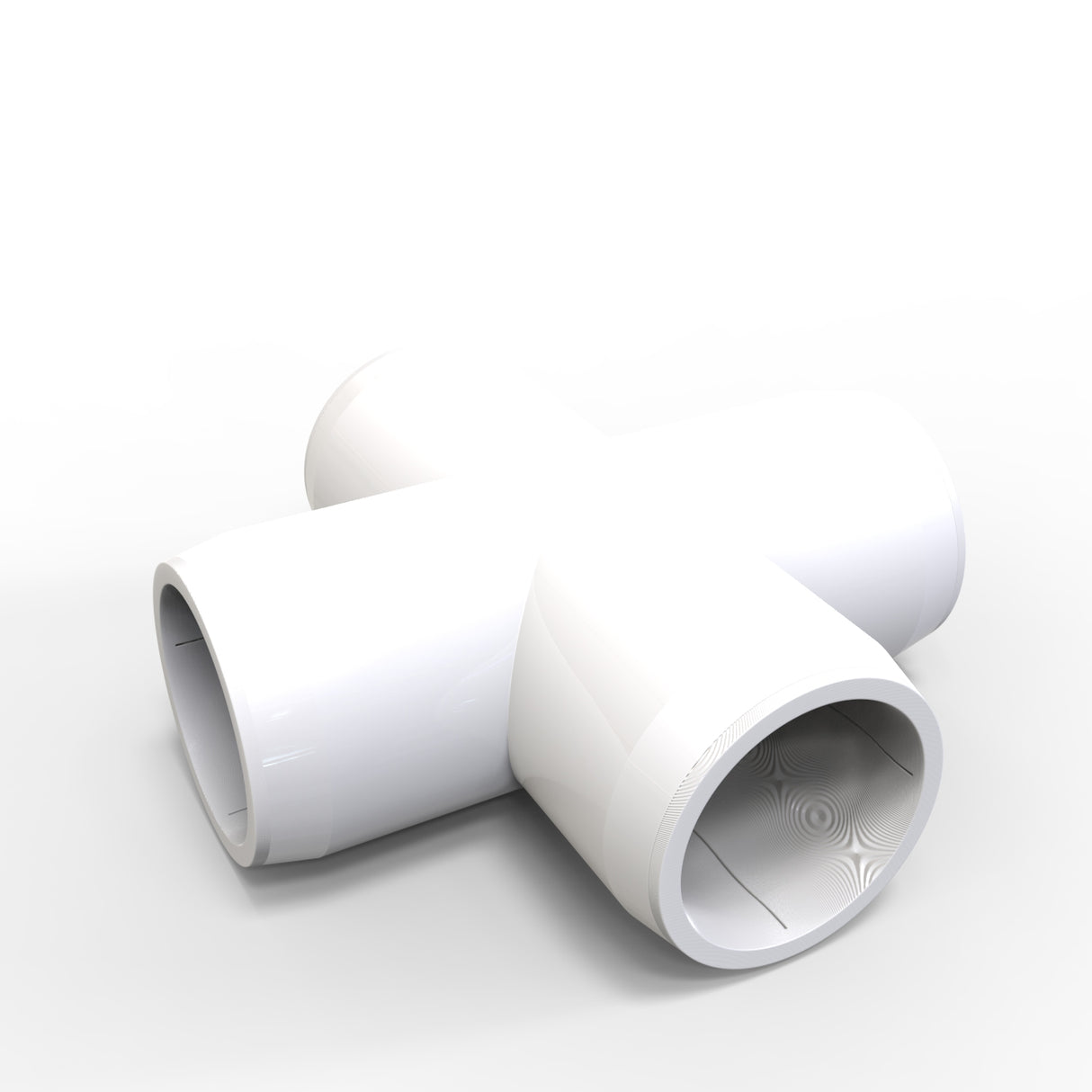The Structural PVC Joiner for Sierra38 Round Profiles is a white, cross-shaped plastic fitting with four open ends, ideal for connecting light diffuser tubes or building custom lighting structures, shown on a plain white background.
