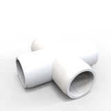 The Structural PVC Joiner for Sierra38 Round Profiles is a white, cross-shaped plastic fitting with four open ends, ideal for connecting light diffuser tubes or building custom lighting structures, shown on a plain white background.