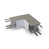 The 90 Degree Connector for DPL55-FL Profile features a metallic L-shape with multiple sliding arms at both ends, making it perfect as an expansion joint cover or an LED channel corner solution—shown on a white background.