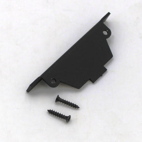 A black aluminum bracket with two mounting holes and two screws, designed for the End Cap for Amara Profile, is shown on a white background.