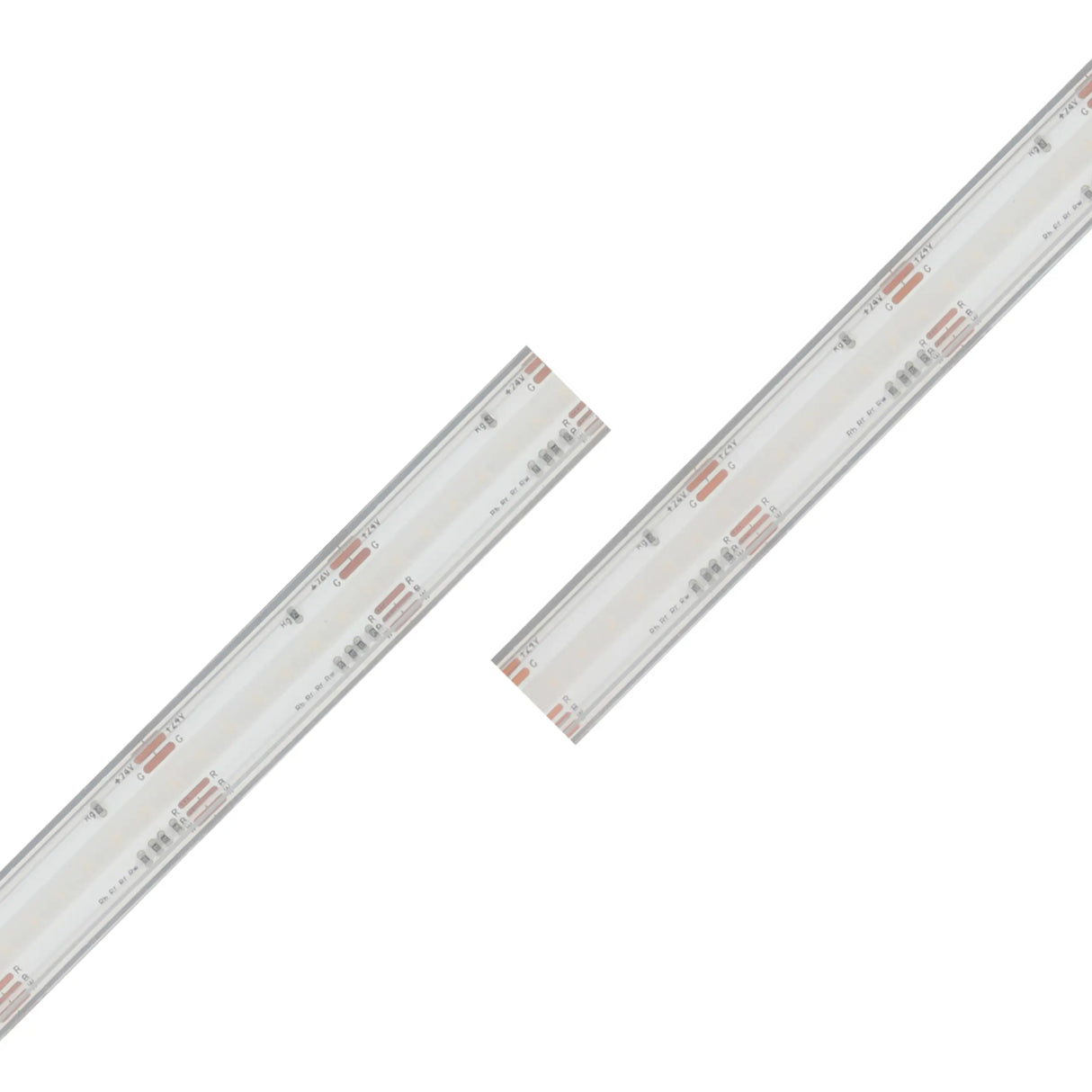 Two EnoLED UniColor Series RGB+CCT COB IP67 High CRI LED Strips (24V) arranged diagonally on a white background, showcasing visible copper connections and embedded LED chips for vibrant, smooth illumination.