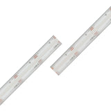 Two EnoLED UniColor Series RGB+CCT COB IP67 High CRI LED Strips (24V) arranged diagonally on a white background, showcasing visible copper connections and embedded LED chips for vibrant, smooth illumination.