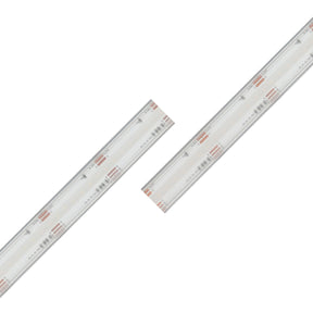 Two EnoLED UniColor Series RGB+CCT COB IP67 High CRI LED Strips (24V) arranged diagonally on a white background, showcasing visible copper connections and embedded LED chips for vibrant, smooth illumination.